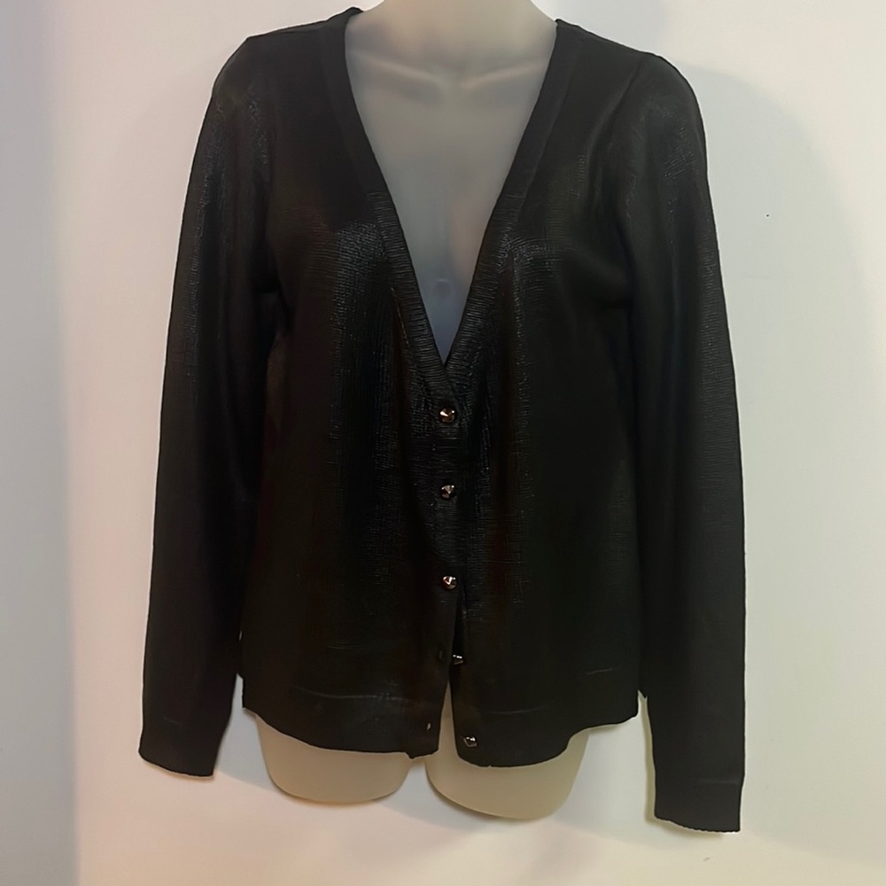 Angie Black Conical Button V-Neck Sheen Cardigan M